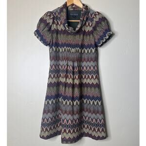 y2K Jessica Howard Jacquard Puff Sleeve Drape Neck Colorful Pattern Dress 8P